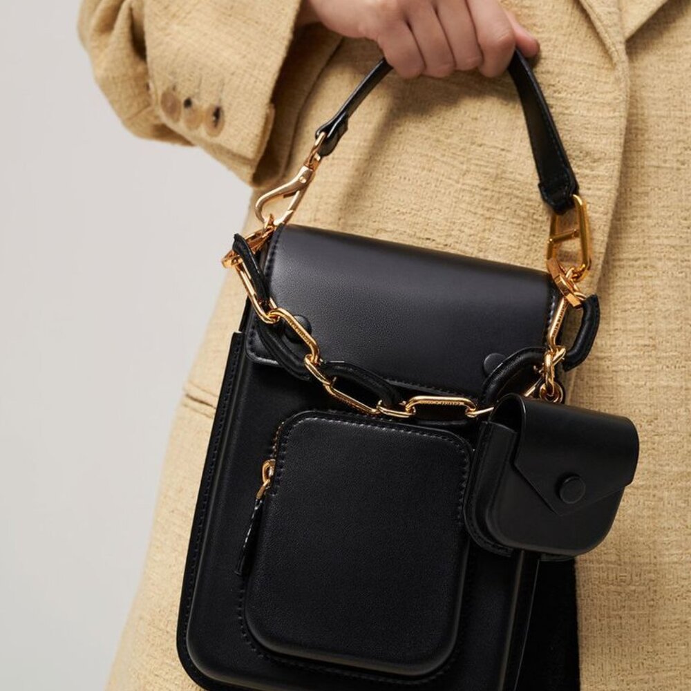 Black Charles & Keith Crossbody Bag with Front Pouch and Airpods Case
